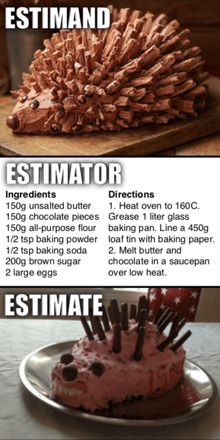 It is a joke or meme where there is a pretty cake, then there is another section where there is a recipe to  bake a cake, and finally the baked cake as a final result but, the result is an ugly looking cake. The pretty cake is the estimand, the baking recipe is the estimator, and the final result is the estimate.