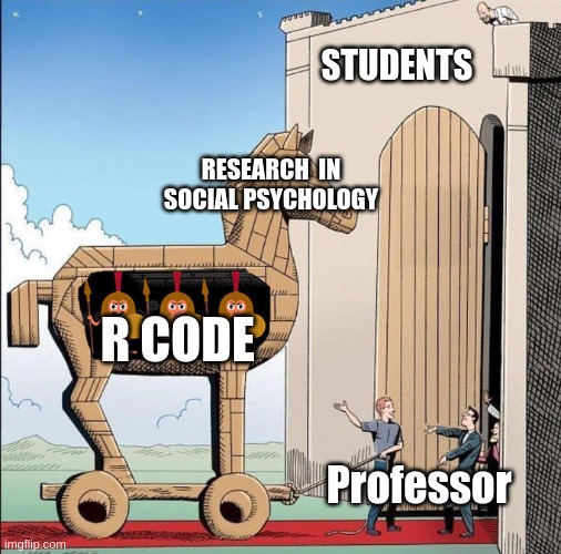 It is a joke where a professor brings a trojan horse. On the top of the picture it says " research in social psychology" inside the trojan horse it says "R code", and there is a castle named "students". The trojan horse was send to the castle, in this case, the students.